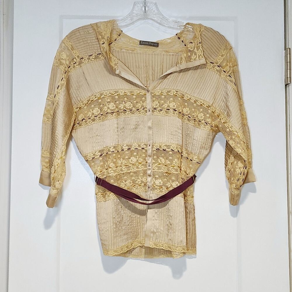 Easton Pearson Romantic Lace Micro Pleated Blouse Ribbon Detail Size 8
